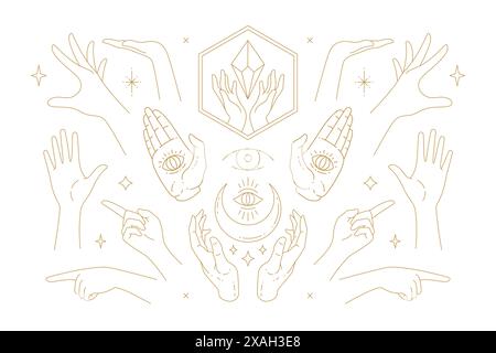 Female hands gestures collection of line art hand drawn style vector illustrations. Feminine magic symbols for mysterious emblem and packaging or cele Stock Vector