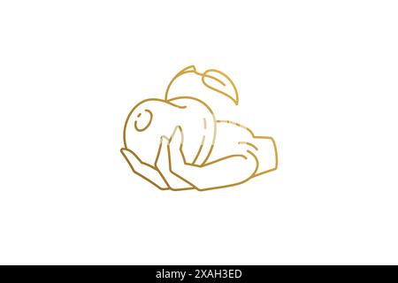 Human hand with apple silhouette linear vector illustration. Hand holding fresh apple agricultural industry outline style. Good for nutritionist logo Stock Vector