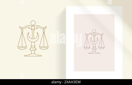 Scales with crescent moon silhouette linear vector illustration. Mystical libra balance astrology horoscope esoteric minimal object outline style. Goo Stock Vector