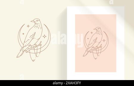 Bird sitting on branch with crescent moon and stars line art style vector illustration. Boho raven linear drawing for poster and logo emblem decoratio Stock Vector