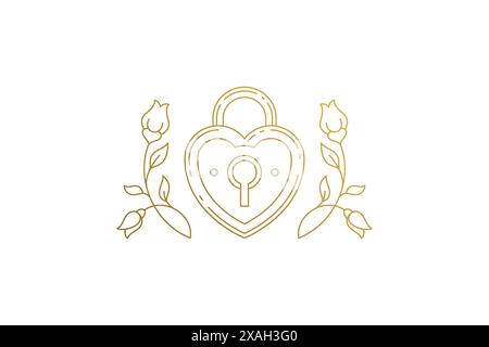 Flowers and heart shaped padlock silhouette linear vector illustration. Golden flowers with minimal heart closed lock as symbol of fidelity outline st Stock Vector