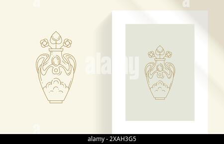 Antique vase with flowers line art style vector illustration. Boho ornamental antique amphora with flowers linear drawing for poster and logo emblem d Stock Vector
