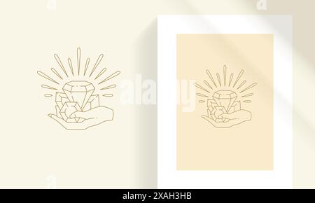 Female hand with shiny magic esoteric crystals line art style vector illustration. Boho mystic linear drawing for poster and logo emblem decoration or Stock Vector