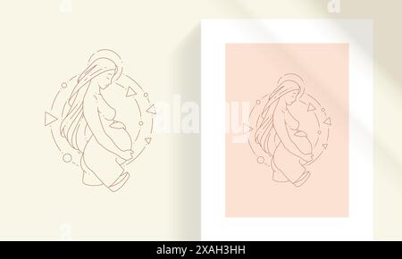 Pregnant female embracing belly line art style vector illustration. Boho pregnant woman linear drawing for poster and motherhood logo emblem decoratio Stock Vector