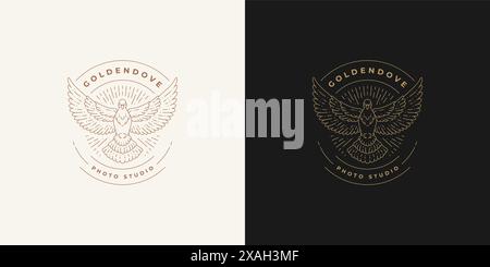 Flying pigeon logo emblem design template vector illustration in minimal line art style. Linear dove silhouette for peace logotype or witchcraft insig Stock Vector