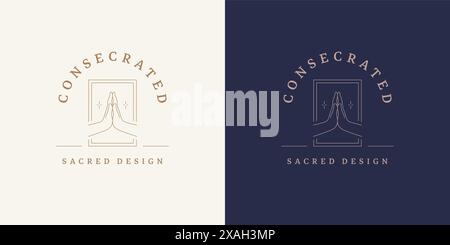 Pray hands gesture logo emblem design template vector illustration in minimal line art style. Linear hope silhouette for celestial logotype or yoga cl Stock Vector