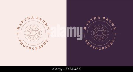 Photo camera lens logo emblem design template vector illustration in minimal line art style. Linear shutter silhouette for photographer logotype or ph Stock Vector
