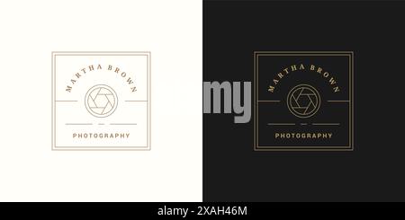 Photo camera lens logo emblem design template vector illustration in minimal line art style. Linear shutter silhouette for photographer logotype or ph Stock Vector