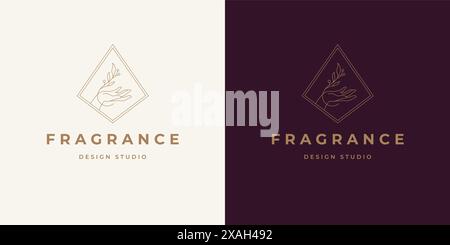 Hand with branch and leaves near logo emblem design template vector illustration in minimal line art style. Linear floral silhouette for cosmetics com Stock Vector