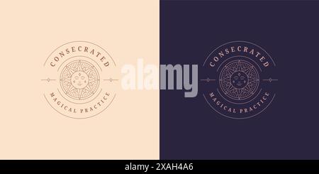 Magic sun with human face logo emblem design template vector illustration in minimal line art style. Linear woman face silhouette for zodiac logotype Stock Vector