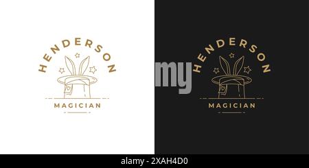 Rabbit ears in magic hat logo linear vector illustration. Golden mystic hat with bunny ears and stars emblem of magic show. Good for magician logotype Stock Vector