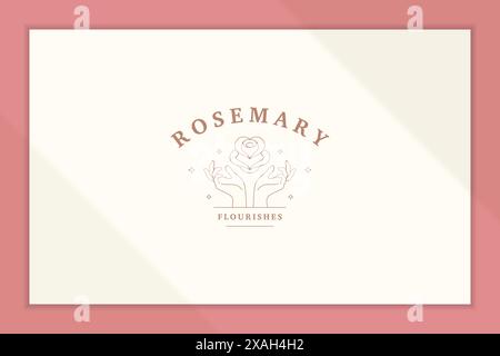 Simple vector illustration of outline emblem template with female hands holding elegant rose designed for flourishing flower store product packaging l Stock Vector