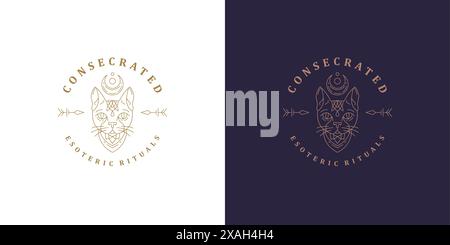 Mythical cat head logo template linear vector illustration. Mystic Sphynx cat with crescent moon esoteric symbol outline style. Good for magic logotyp Stock Vector