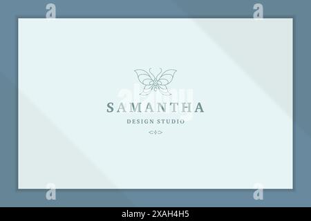 Simple vector illustration of minimal linear style emblem template of elegant butterfly ornament created for modern design studio service advertisemen Stock Vector