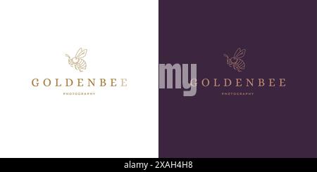 Golden wasp logo template linear vector illustration. Flying bee with wings and striped body silhouette line art style. Good for logotype emblem. Stock Vector