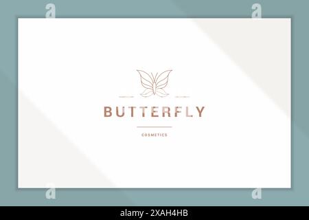 Minimal vector illustration of simple outline emblem template with elegant butterfly with thin delicate wings designed for cosmetics production indust Stock Vector