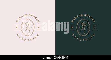 Female hand holding abstract flower logo template linear vector illustration. Elegant woman hand emblem design for cosmetics packaging or beauty produ Stock Vector