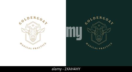 Goat head with horns logo template linear vector illustration. Wild forest animal minimal design outline style. Good for logotype emblem or hunting po Stock Vector