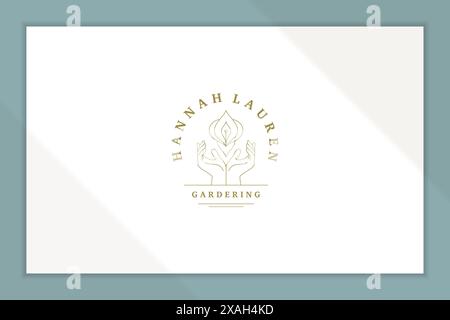 Simple vector illustration of linear style logo template with female hands nurturing natural orchid flower designed for gardening industry advertiseme Stock Vector