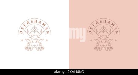 Female faun head with antlers logo linear vector illustration. Mystic shaman head of elegant female with deer ears minimal silhouette outline style fo Stock Vector