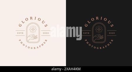 Female linear hand holding magic star logo template vector illustration. Elegant woman hand emblem design for mystic logotype or esoteric brand line a Stock Vector