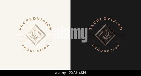 Magic eye logo emblem design template vector illustration in minimal line art style. Linear mystic silhouette for vision logotype or magician brand in Stock Vector