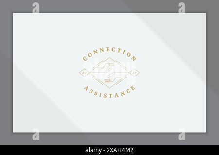 Minimal vector illustration of elegant linear style logo with human hands reaching each other in rhombus and offering connection assistance line style Stock Vector