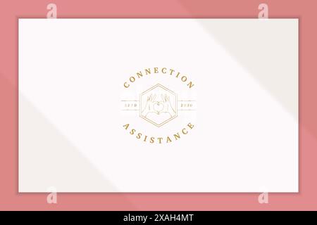 Minimal vector illustration of hexagon shaped linear style emblem template with female hands gesturing heart designed for organization offering connec Stock Vector