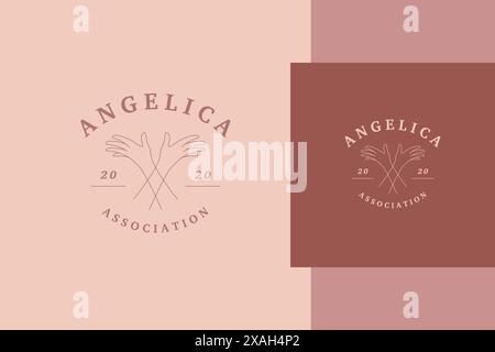 Simple vector illustration of linear emblem template with elegant crossed female hands symbolizing unity and volunteering designed for charitable asso Stock Vector