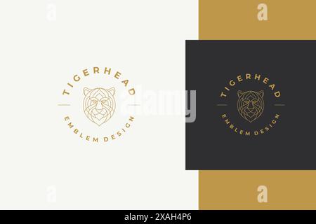 Minimal vector illustration of linear style emblem with simple geometric tiger head as apex predator designed for modern business company line style Stock Vector