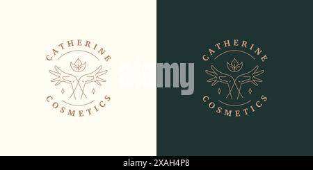 Female hands and abstract flower logo template linear vector illustration. Elegant woman hands emblem for cosmetics packaging or beauty products line Stock Vector