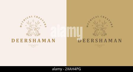 Female faun head with antlers logo linear vector illustration. Mystic shaman head of elegant female with deer ears minimal silhouette outline style fo Stock Vector