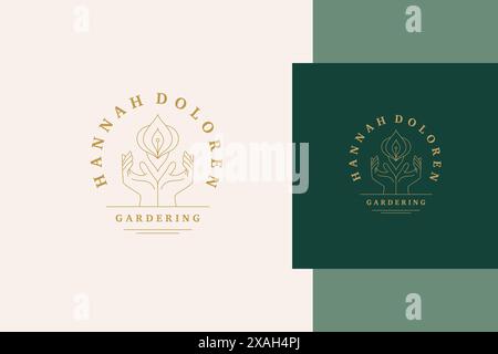 Simple vector illustration of linear style logo template with female hands nurturing natural orchid flower designed for gardening industry advertiseme Stock Vector