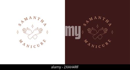 Female hands logo template linear vector illustration. Elegant woman crossed hands emblem design for nails master logotype or manicure brand line art Stock Vector