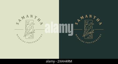 Bird sitting on branch logo template linear vector illustration. Wild crow on tree branch in rectangle frame mystic minimal silhouette outline style. Stock Vector