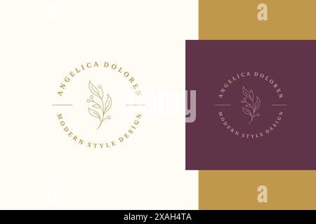 Minimal vector illustration of linear emblem template with plant branch with leaves and berries created for modern style design company line style Stock Vector