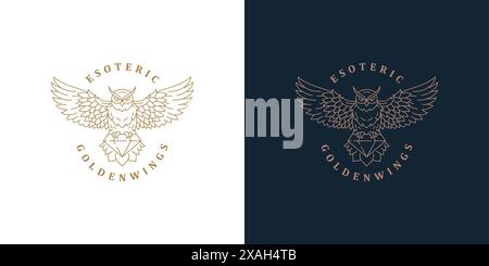 Flying owl with diamond logo template linear vector illustration. Golden wild owl flying and gem silhouette as symbol of wisdom and knowledge outline Stock Vector