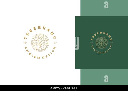 Minimal vector illustration of linear style emblem template design with elegant ornamental tree in circle created for natural product packaging line s Stock Vector