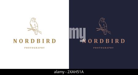 Bird sitting on branch logo template linear vector illustration. Wild birdie on tree branch in rectangle frame mystic minimal silhouette outline style Stock Vector