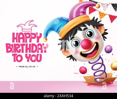 Happy birthday clown character vector design. Birthday greeting text with clown spring surprise box puppet element for party invitation card Stock Vector