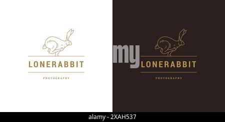 Running rabbit logo template linear vector illustration. Wild forest hare silhouette design outline style. Good for hunters club emblem or hunting bra Stock Vector