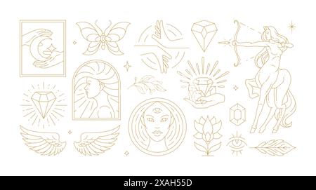 Magic woman boho vector illustrations of graceful feminine women and esoteric symbols set. Mysterious and witchcraft line art design elements. Bohemia Stock Vector
