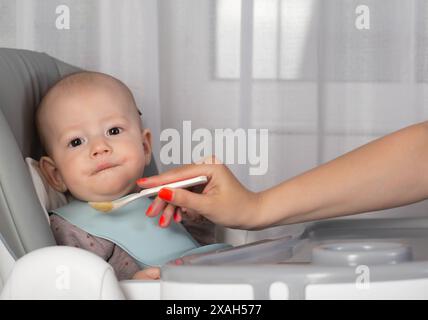 The first feeding with fruit puree for a baby boy who is 6 months old. Stock Photo