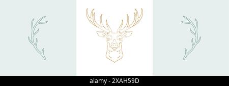 Antlers and head of wild deer in boho linear style vector illustrations set. Simple bohemian emblems in golden lines for hunter logo and hunting conce Stock Vector