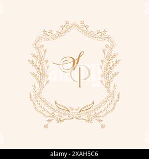 Floral S P, SP initial crest. Wedding monogram with flowers crest design. Stock Vector