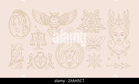 Magic woman boho vector illustrations of graceful feminine women and esoteric symbols set. Mysterious and witchcraft line art design elements. Bohemia Stock Vector