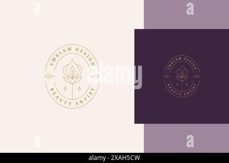 Minimal vector illustration of linear style logo template with elegant orchid in oval frame designed for professional beauty artist service line style Stock Vector