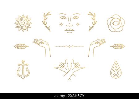 Vector line feminine decoration design elements set - female face and gesture hands illustrations simple minimal linear style. Collection mystical out Stock Vector