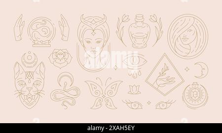 Magic woman boho vector illustrations of graceful feminine women and esoteric symbols set. Mysterious and witchcraft line art design elements. Bohemia Stock Vector