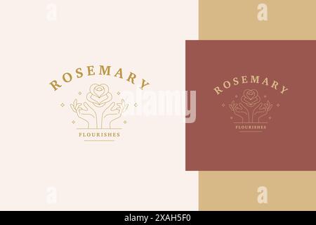 Simple vector illustration of outline emblem template with female hands holding elegant rose designed for flourishing flower store product packaging l Stock Vector